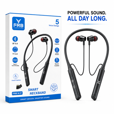 FRB N-27 Smart Wireless Neckband Earphone – Bluetooth 5.4 In-Ear Headset with 400H Battery Life, TF Card Slot, Type-C Fast Charging, Touch Control & Voice Change Feature